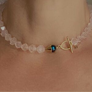 Light Pink Quartz & Natural Pearl Necklace with Gold Clasp